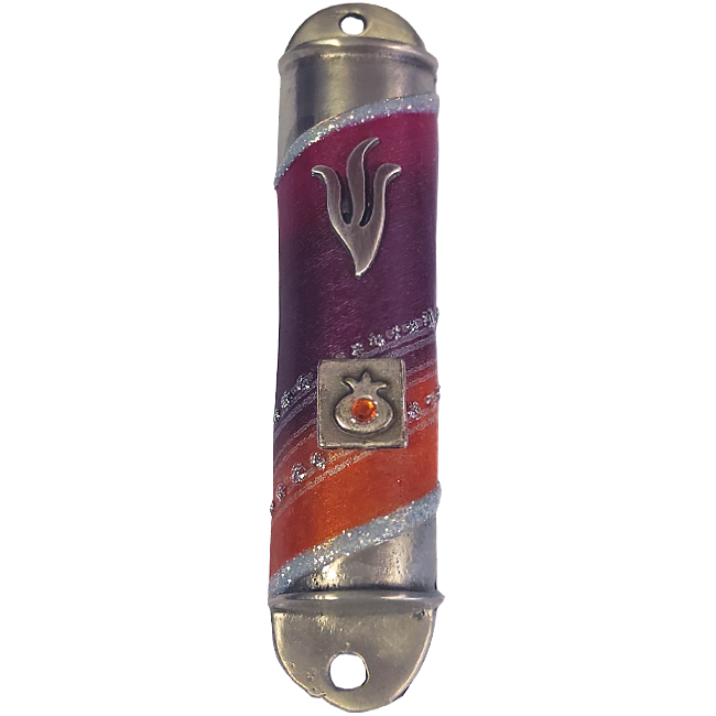 Painted Red and Purple Pewter Mezuzah